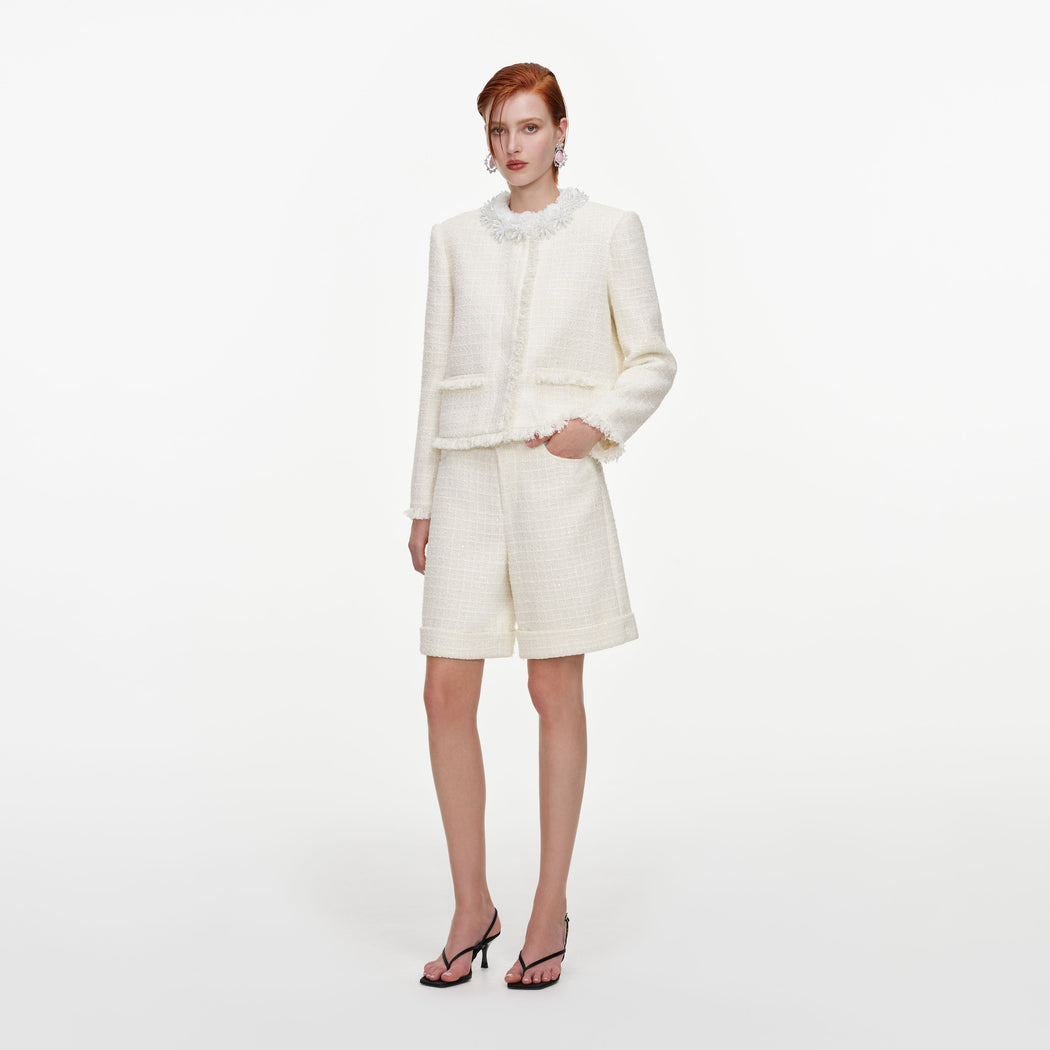 Cream Sequin Boucle Pearl Trim Jacket