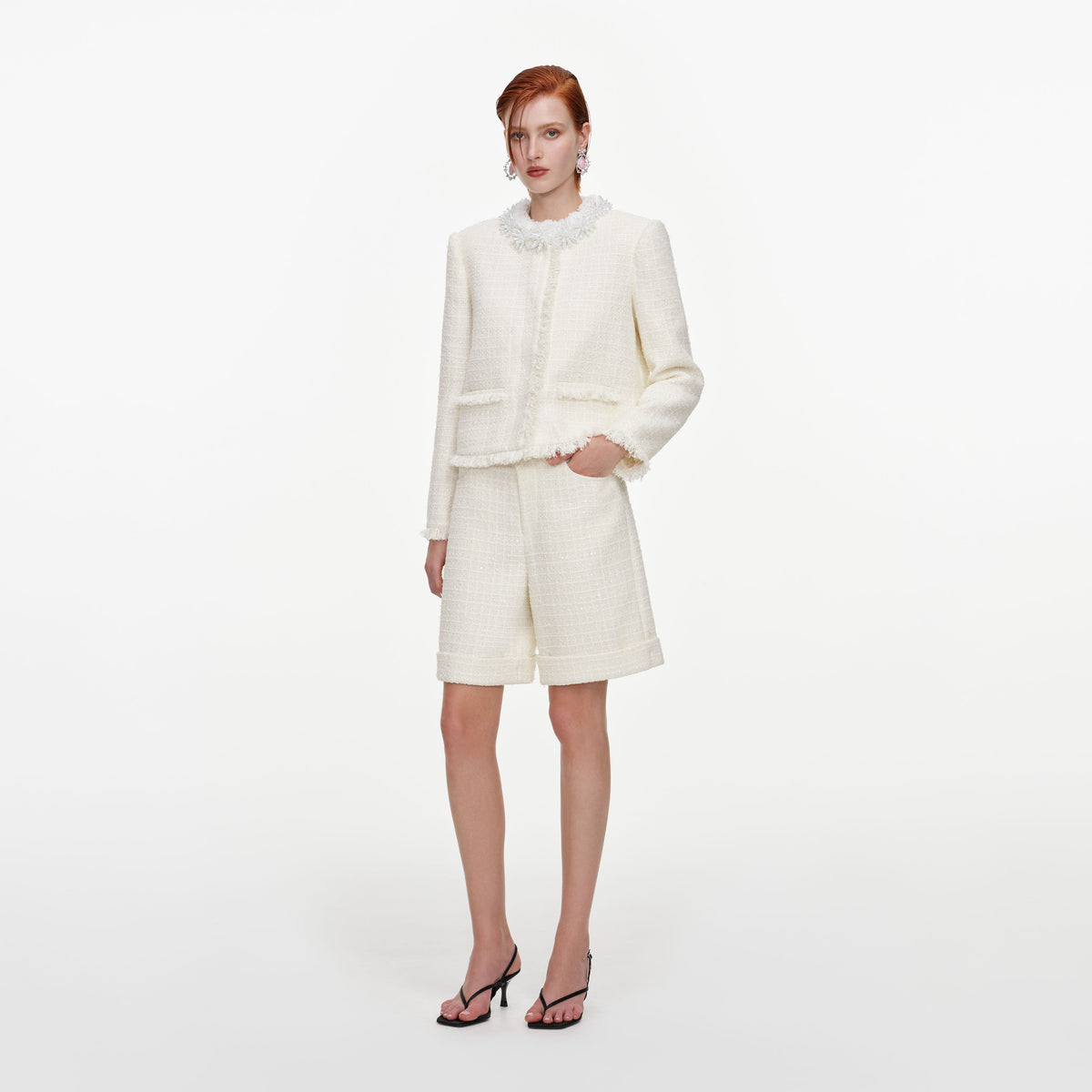 Cream Sequin Boucle Pearl Trim Jacket