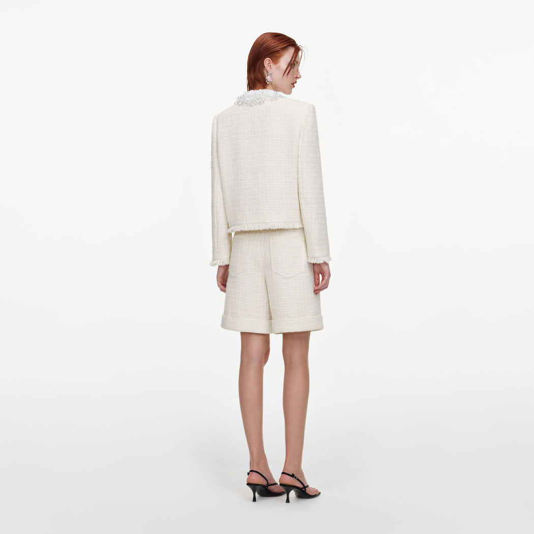 Cream Sequin Boucle Pearl Trim Jacket
