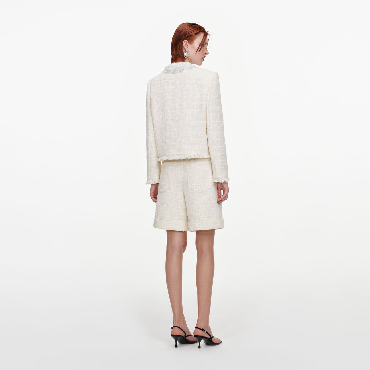 Cream Sequin Boucle Pearl Trim Jacket