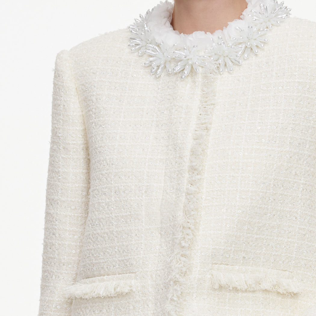 Cream Sequin Boucle Pearl Trim Jacket