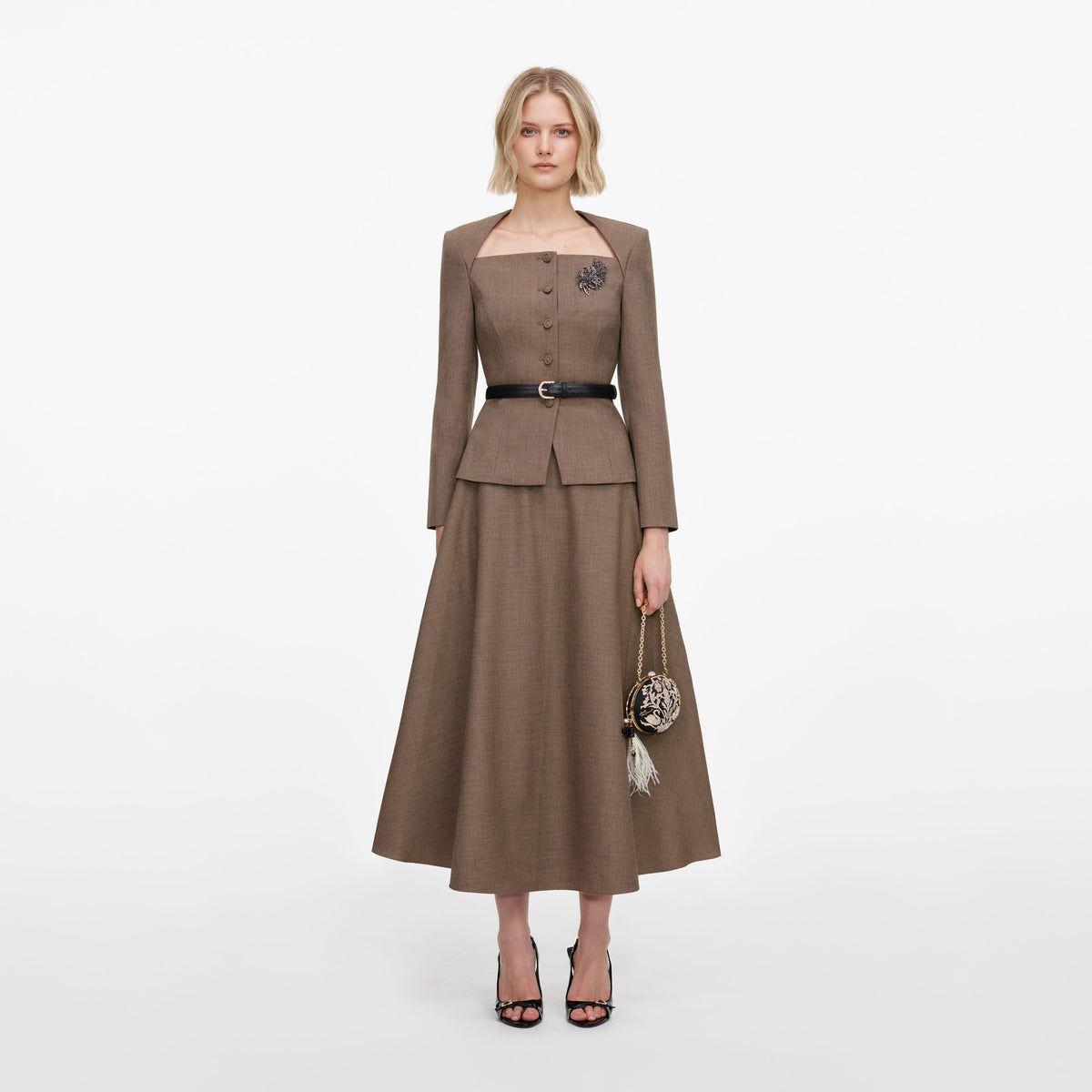 Front view of a woman wearing the Brown Tailored Twill Midi Dress