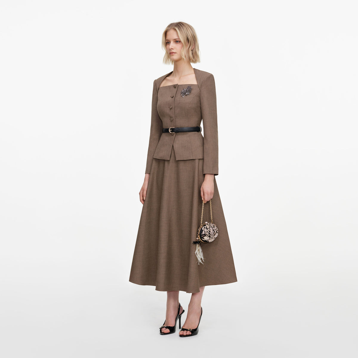 Side view of a woman wearing the Brown Tailored Twill Midi Dress
