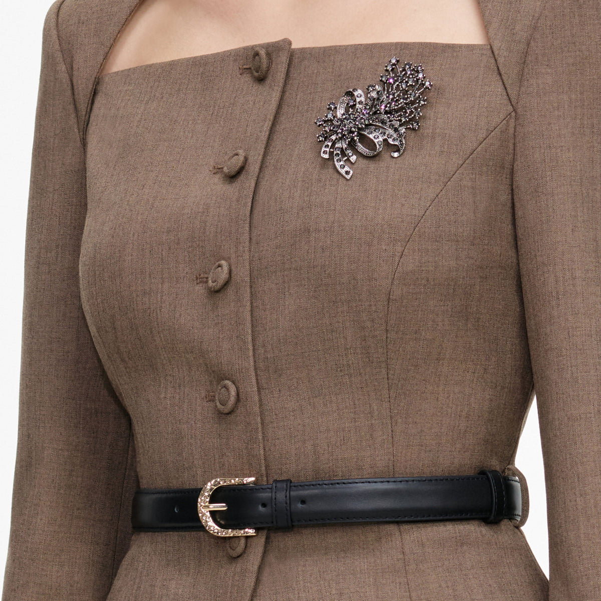 Brown Tailored Twill Midi Dress