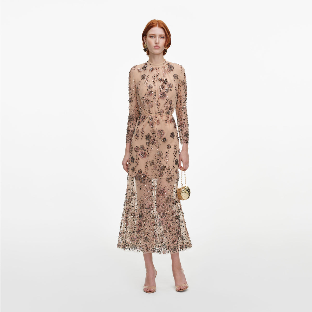 Front view of a woman wearing the Beige Sequin Embellished Midi Dress