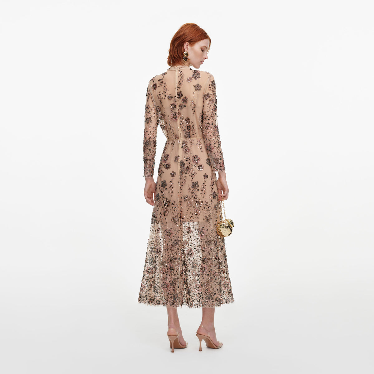 Back view of a woman wearing the Beige Sequin Embellished Midi Dress