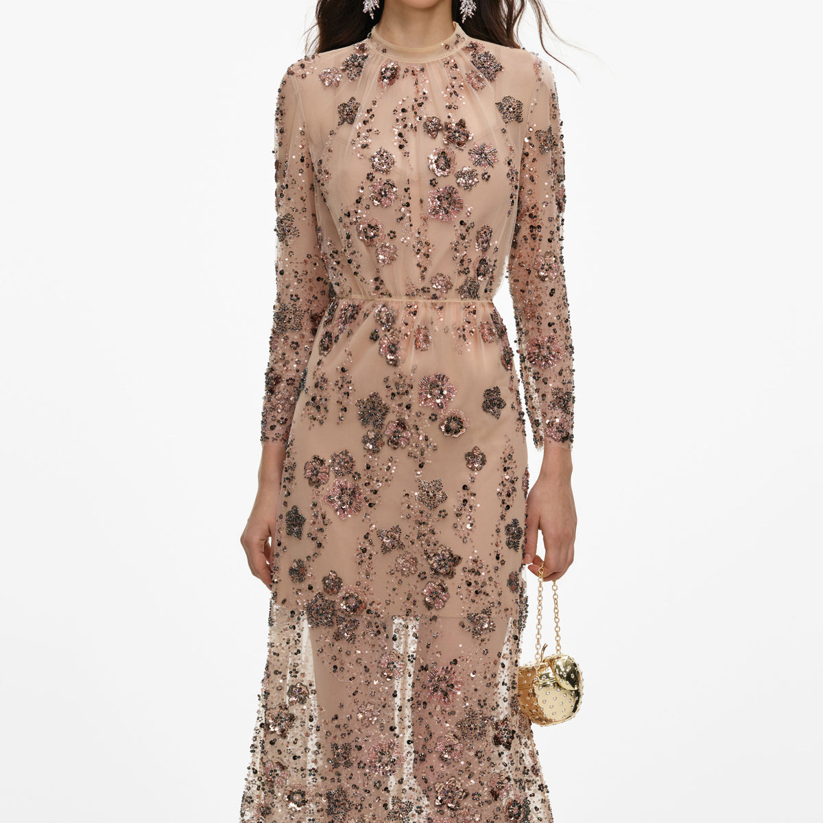 Beige Sequin Embellished Midi Dress