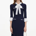 Navy Pointelle Lace Knit Midi Dress