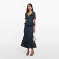 Grey Pointelle Peplum Knit Midi Dress