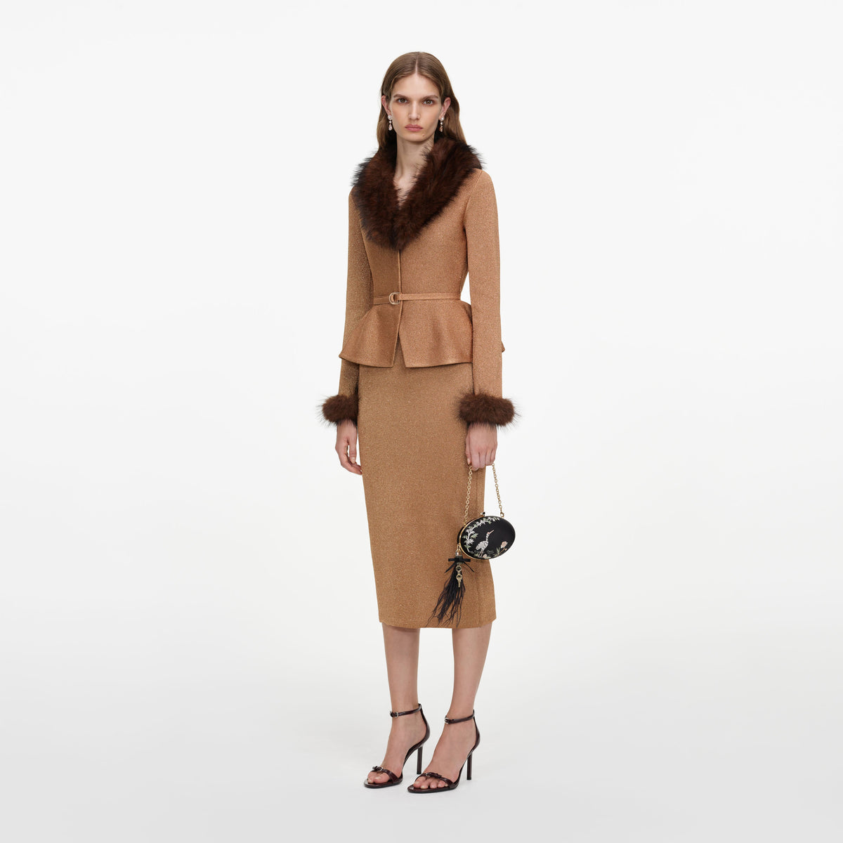 Side view of a woman wearing the Gold Fur Collar Knit Midi Dress