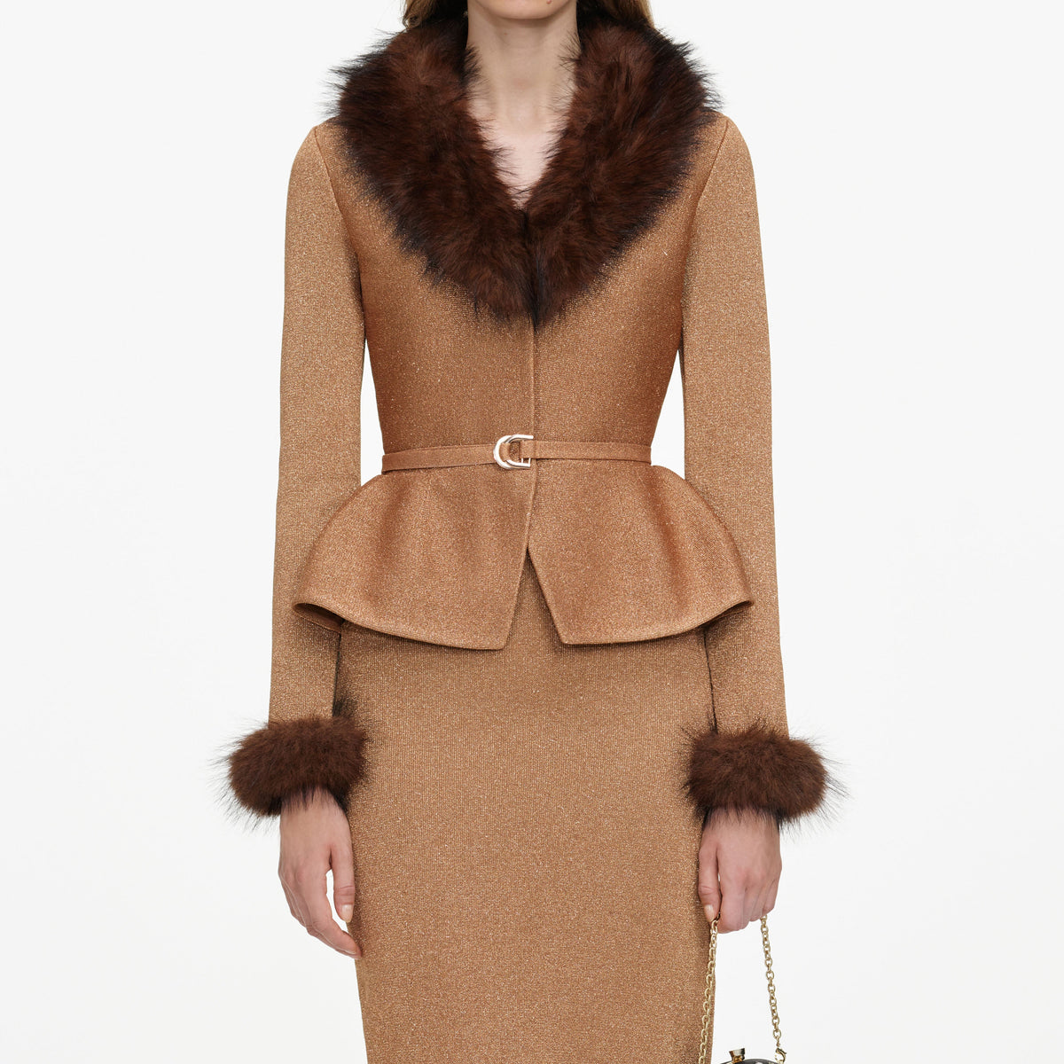 Gold Fur Collar Knit Midi Dress