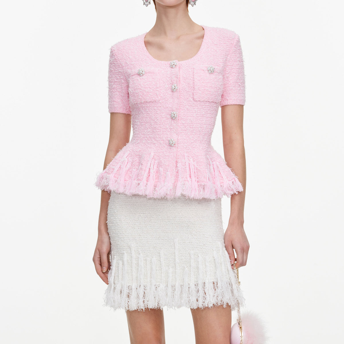 Pink Textured Fringe Knit Top