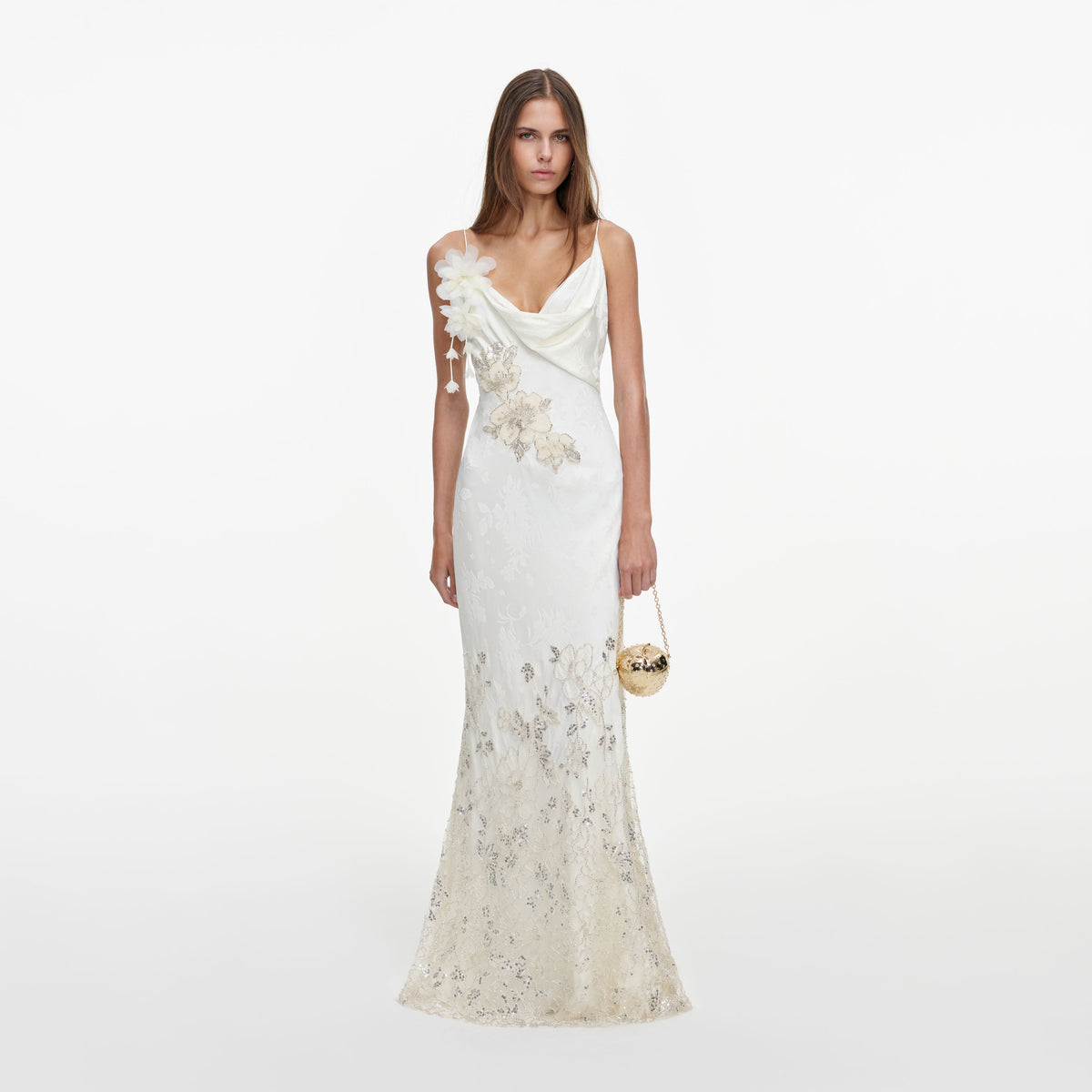 Front view of a woman wearing the Cream Embellished Floral Maxi Dress
