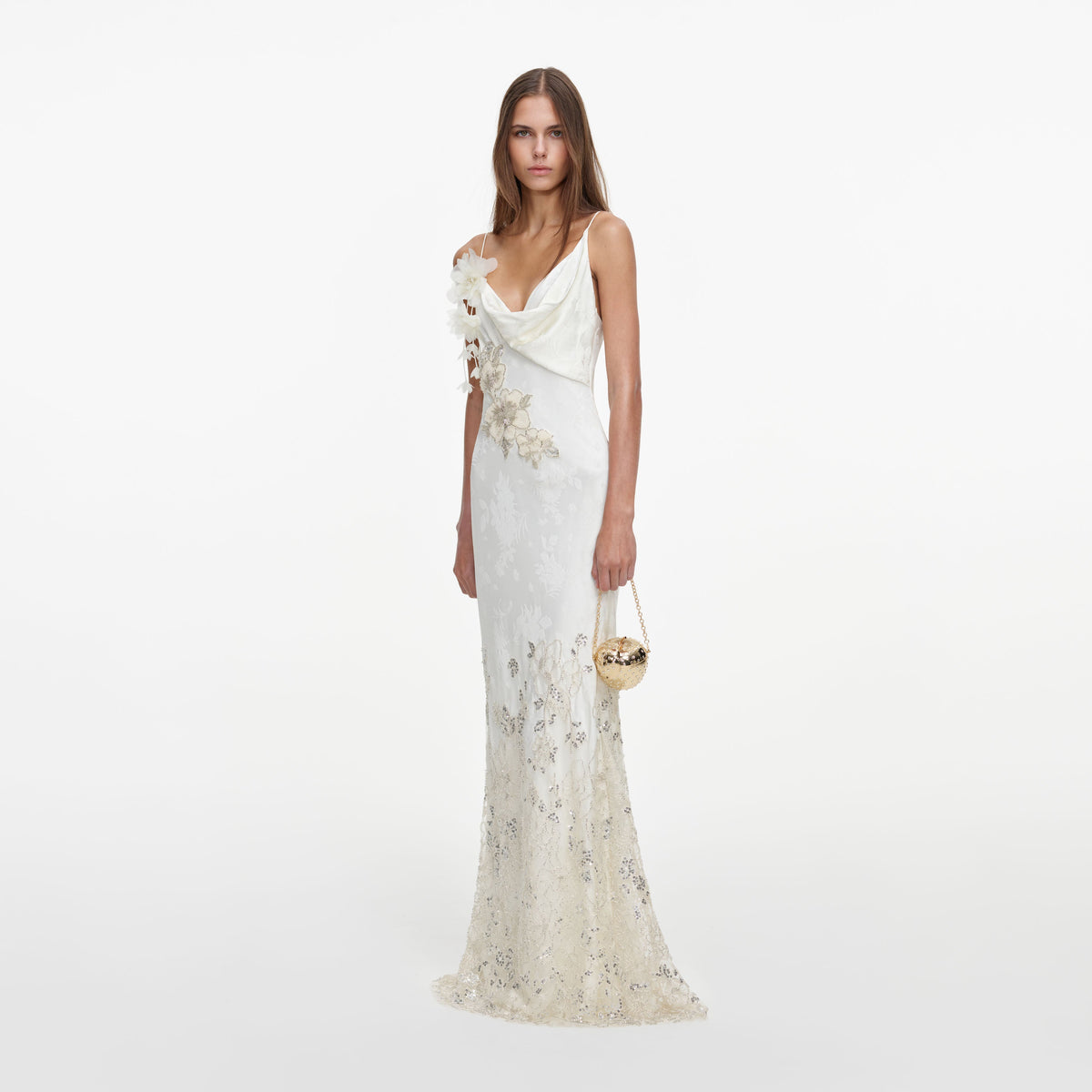 Side view of a woman wearing the Cream Embellished Floral Maxi Dress