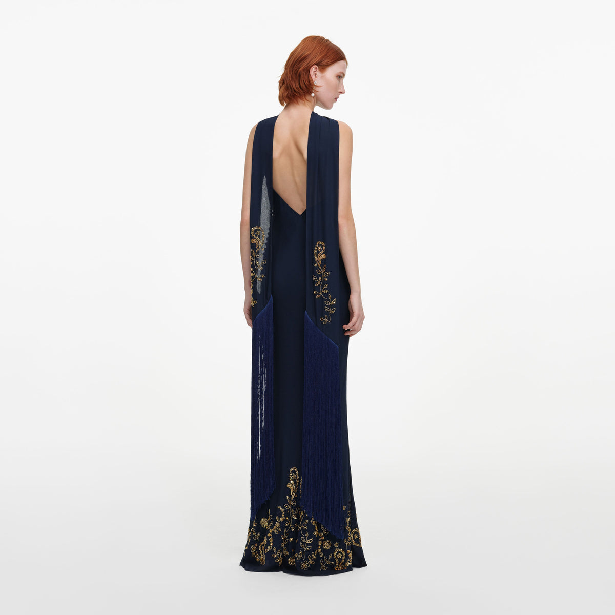 Back view of a woman wearing the Navy Embellished Georgette Scarf Maxi Dress
