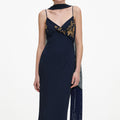 Navy Embellished Georgette Scarf Maxi Dress