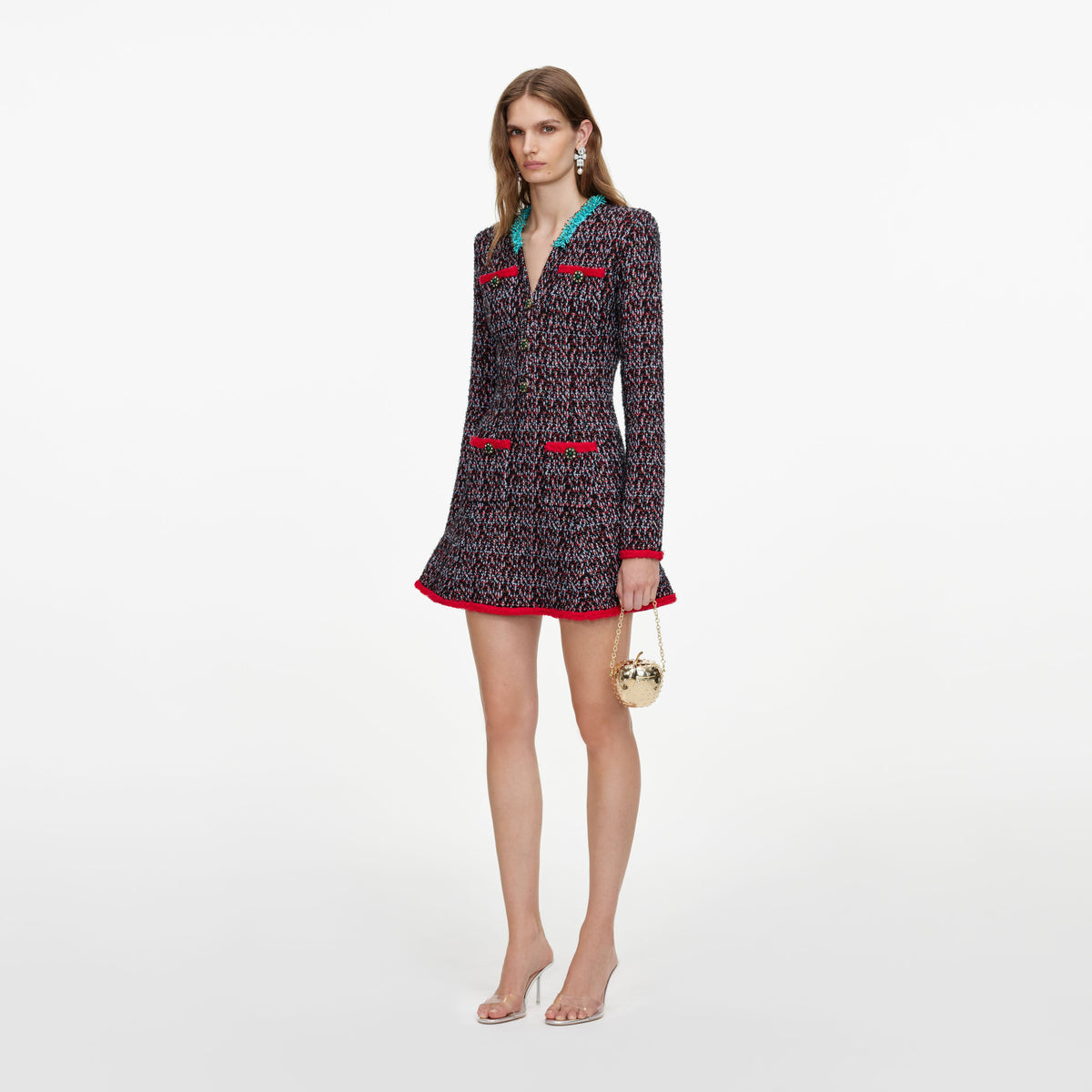 Side view of a woman wearing the Multi Textured Knit Mini Dress