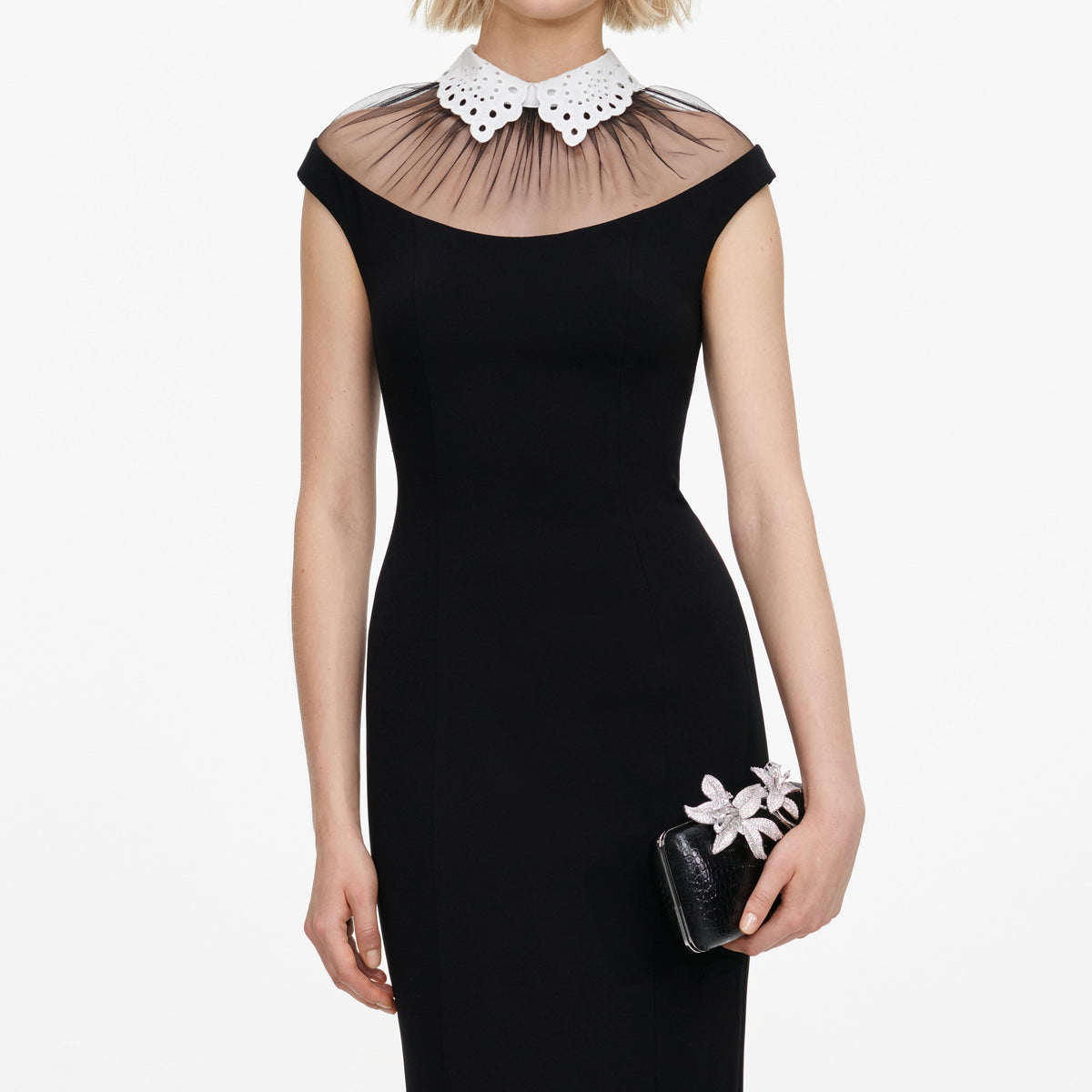 Black Crepe Contrast Collar Midi Dress