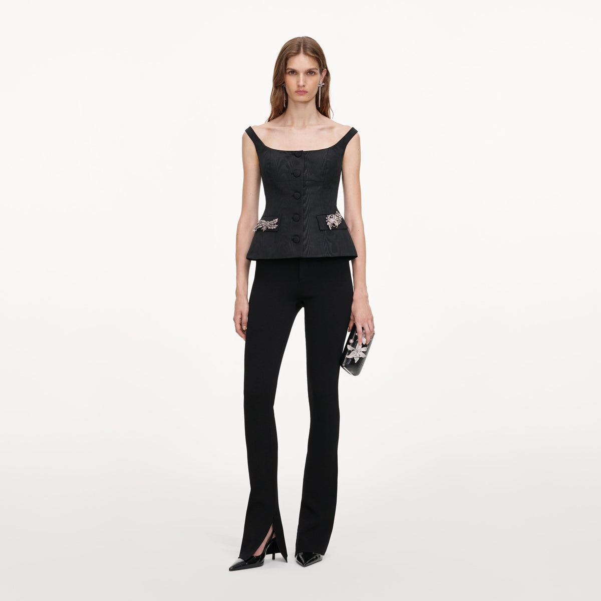 Front view of a woman wearing the Black Structured Bardot Top