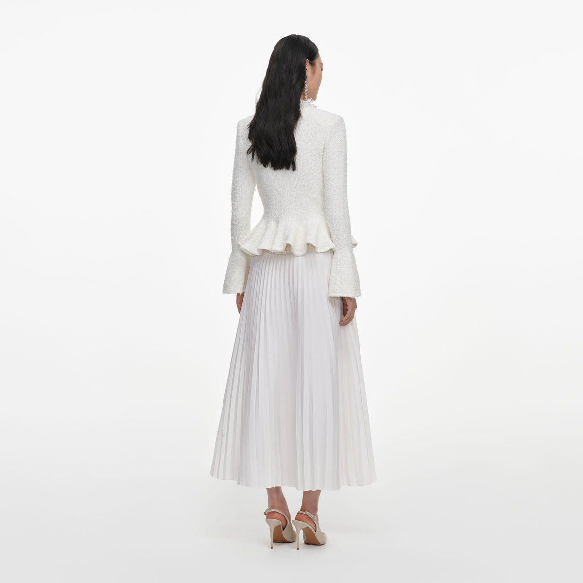 White Textured Knit Chiffon Midi Dress