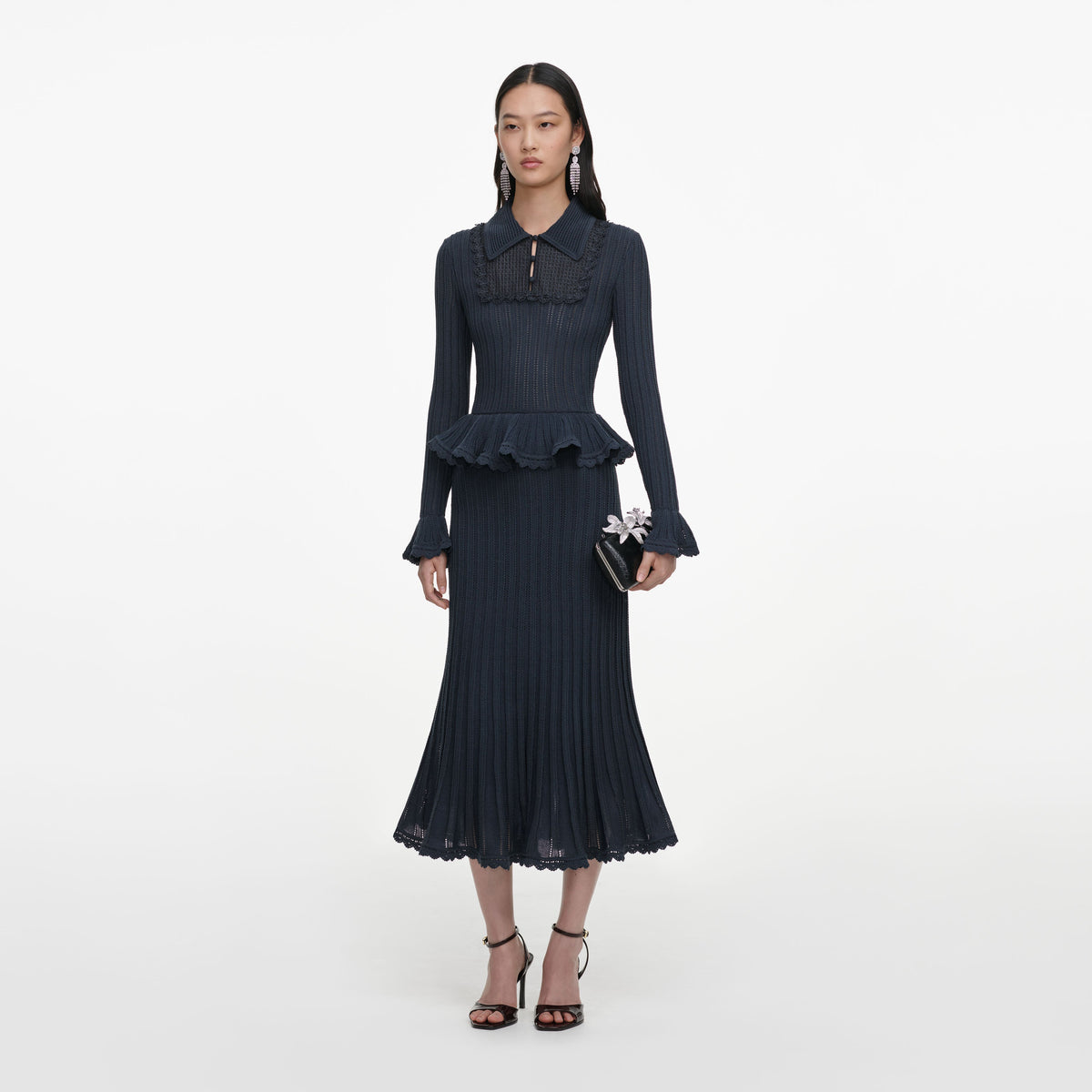 Grey Peplum Pointelle Knit Midi Dress