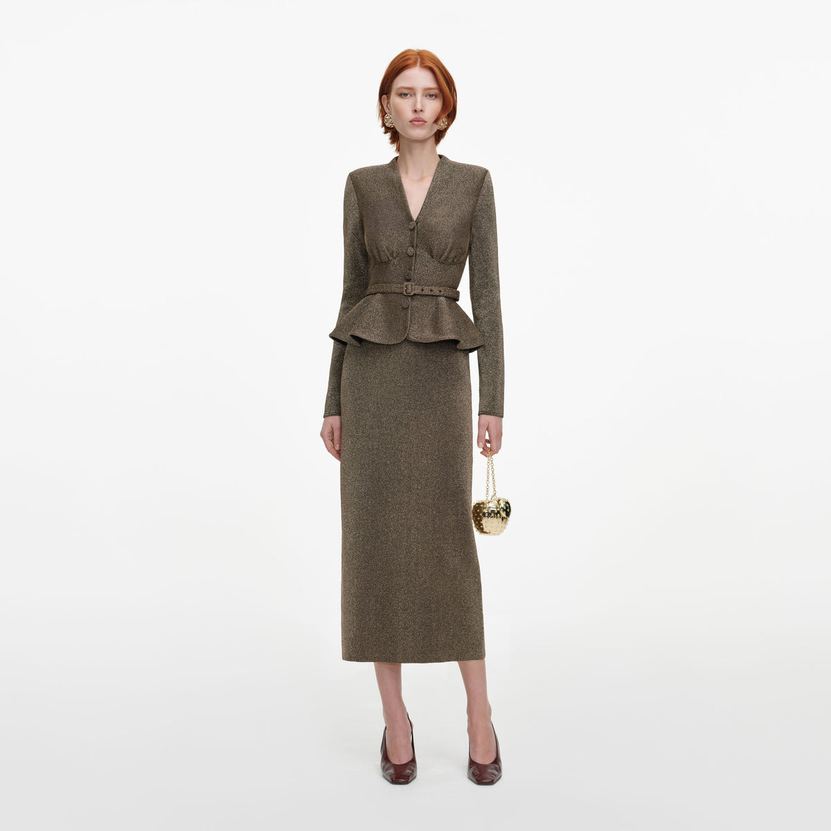 Front view of a woman wearing the Bronze Tailored Knit Midi Dress