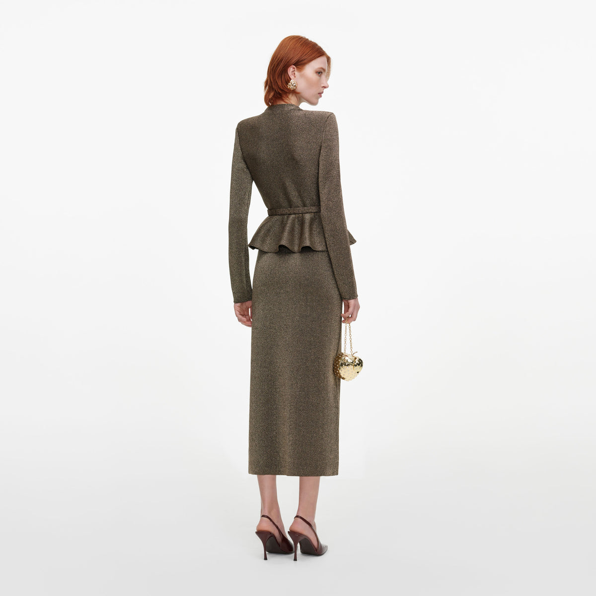 Back view of a woman wearing the Bronze Tailored Knit Midi Dress