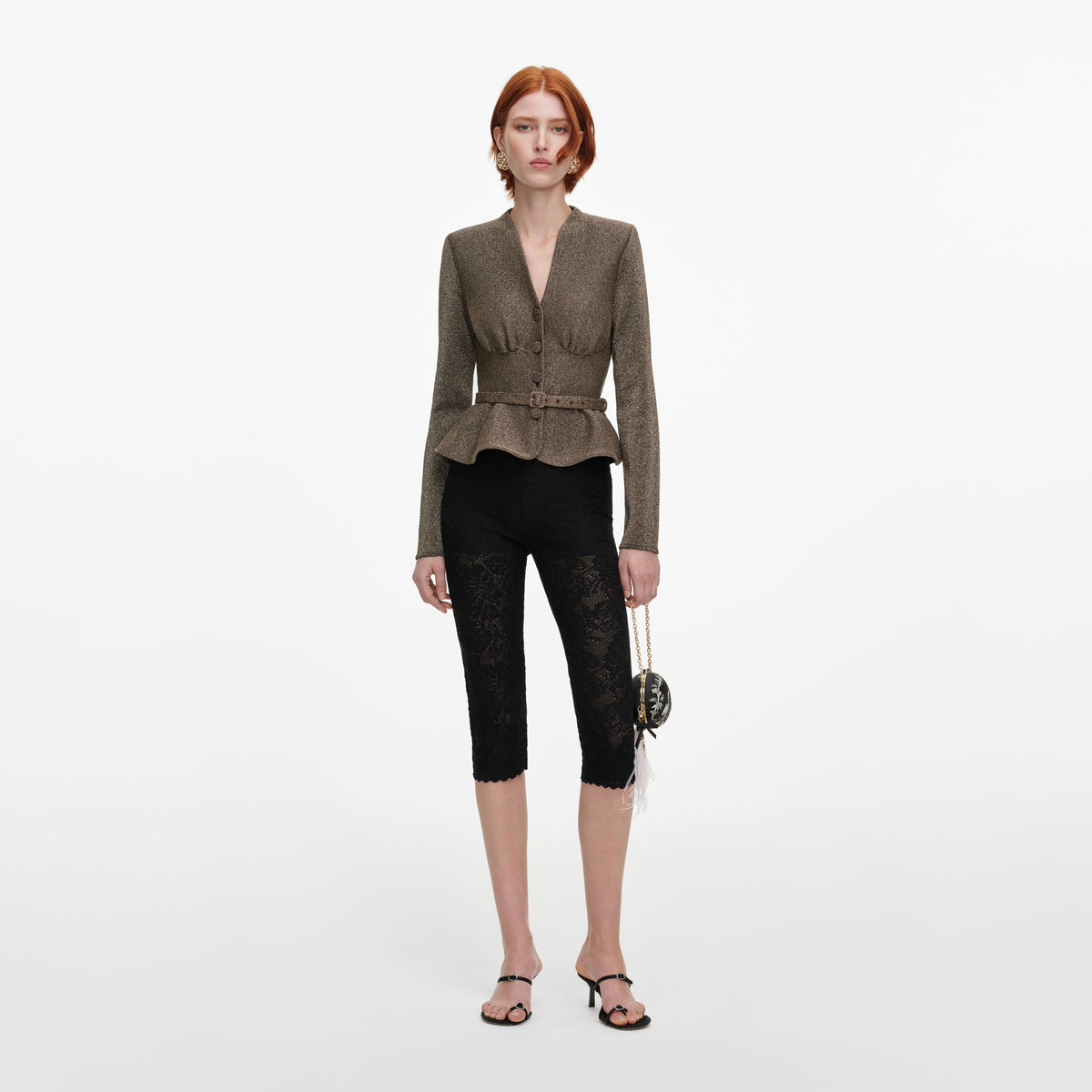 Front view of a woman wearing the Bronze Tailored Knit Top