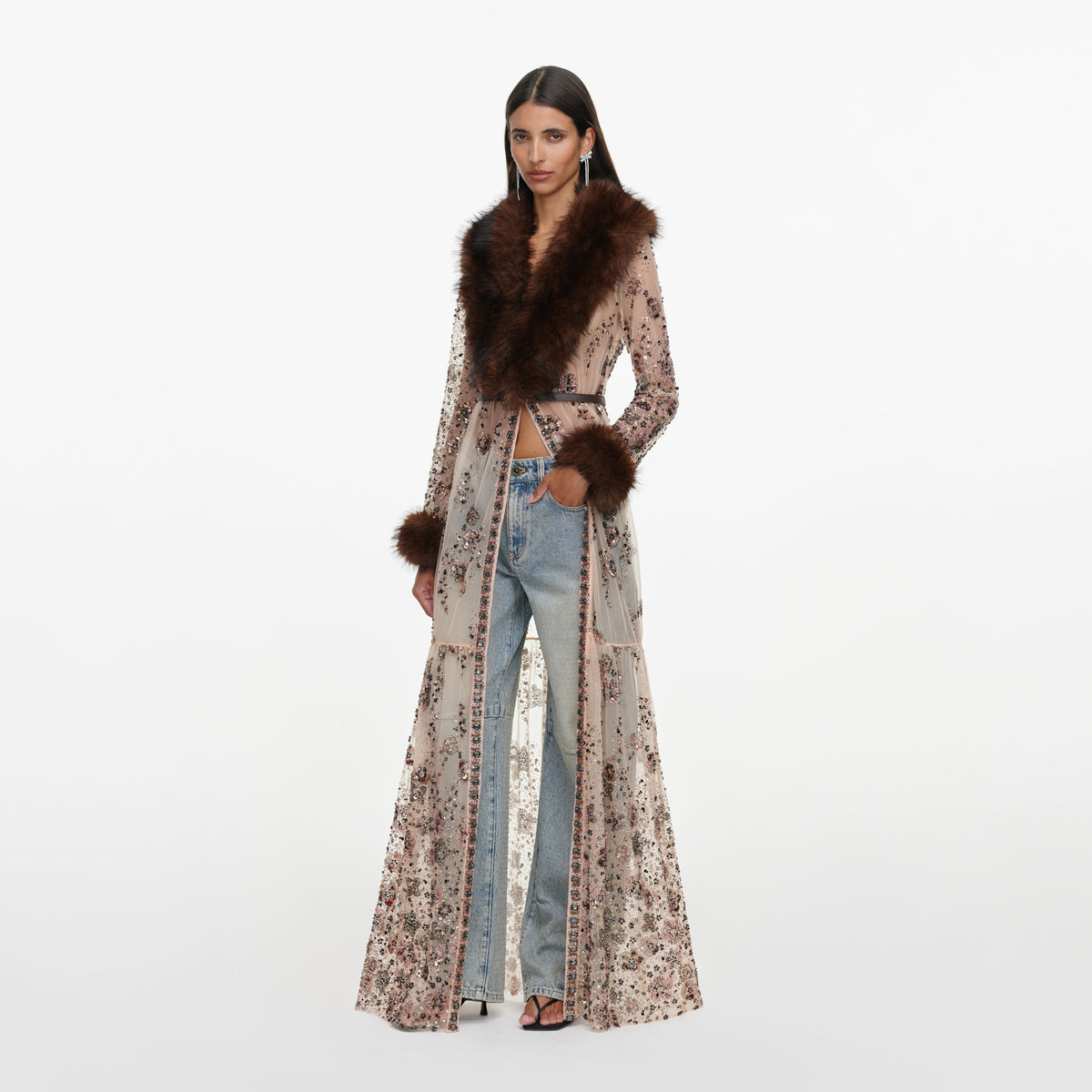 Side view of a woman wearing the Beige Sequin Embellished Fur Maxi Dress