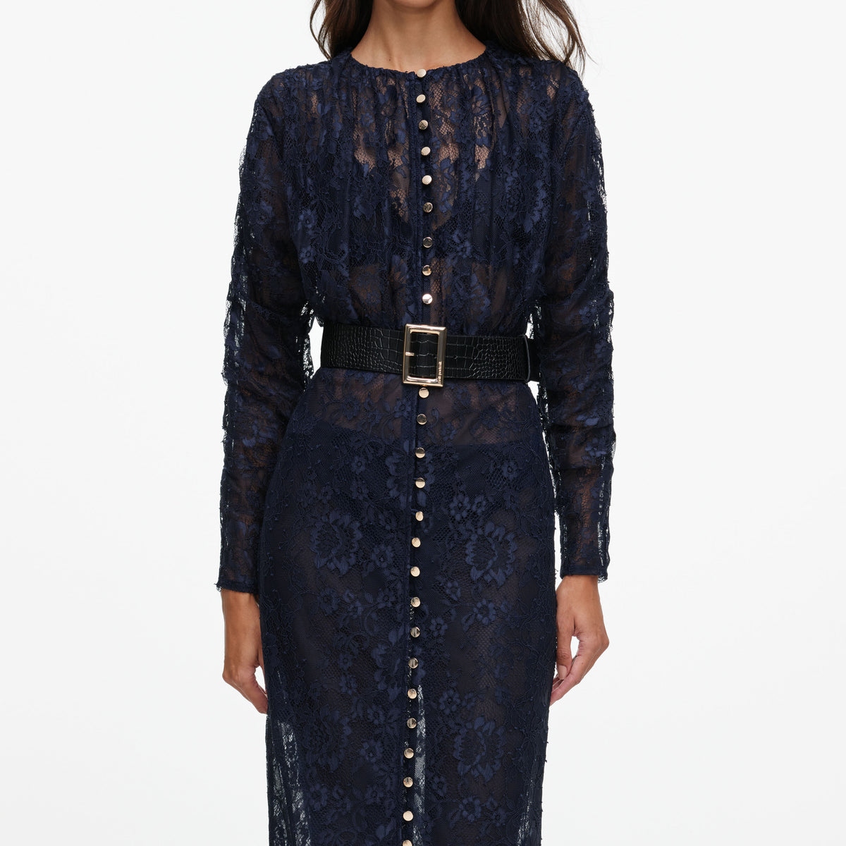 Navy Lace Button Midi Dress