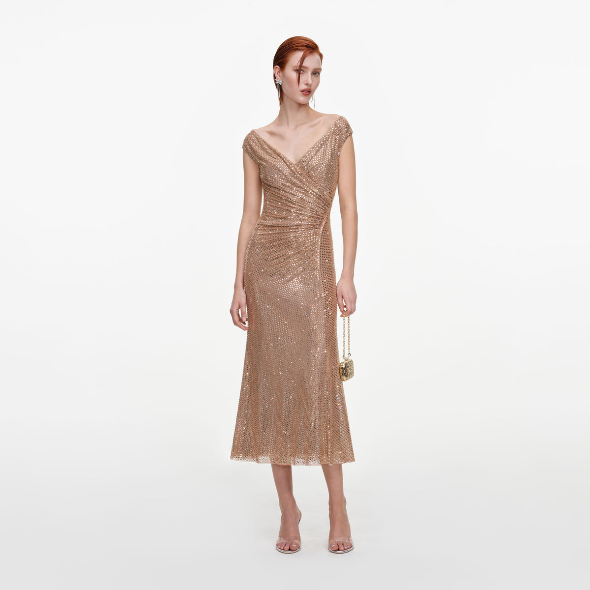 Front view of a woman wearing the Gold Rhinestone Off Shoulder Midi Dress