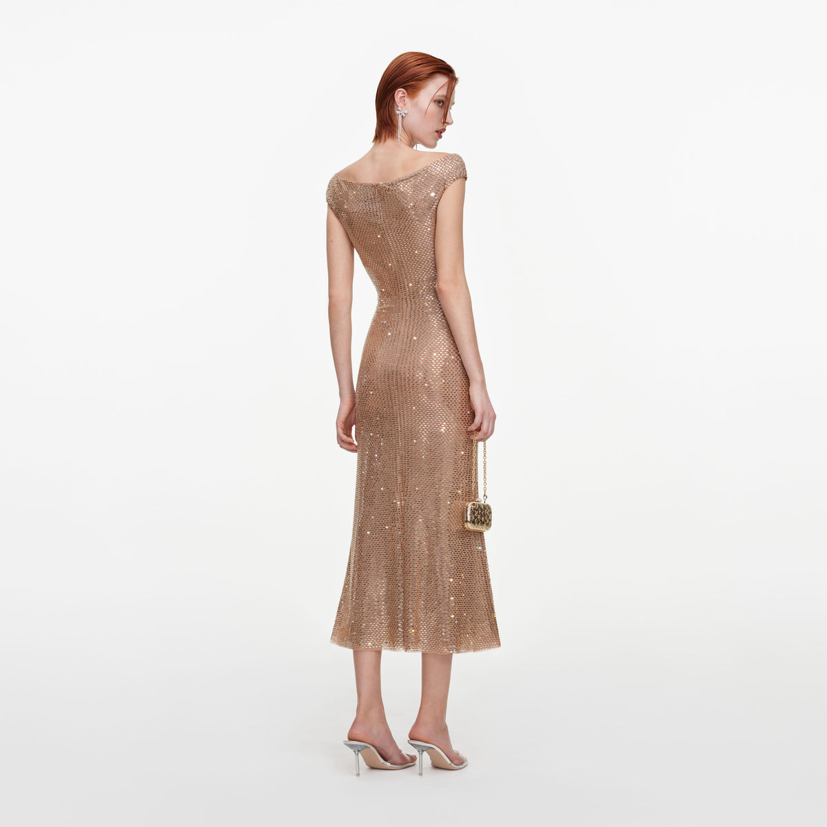 Gold Rhinestone Off Shoulder Midi Dress
