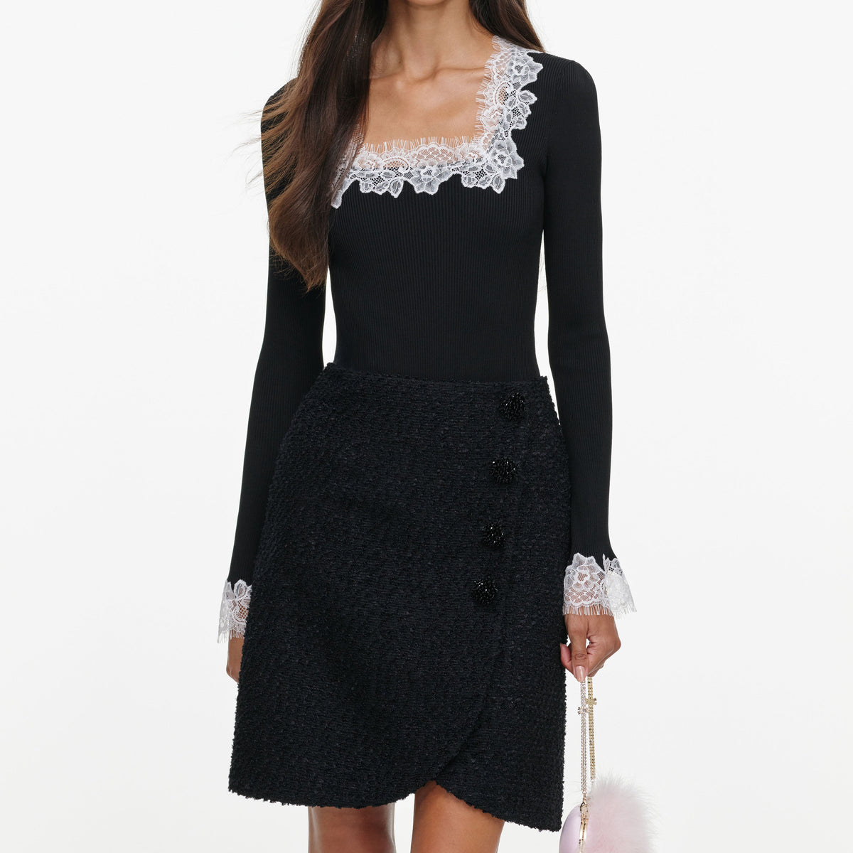 Black Lace Trim Rib Knit Bodysuit