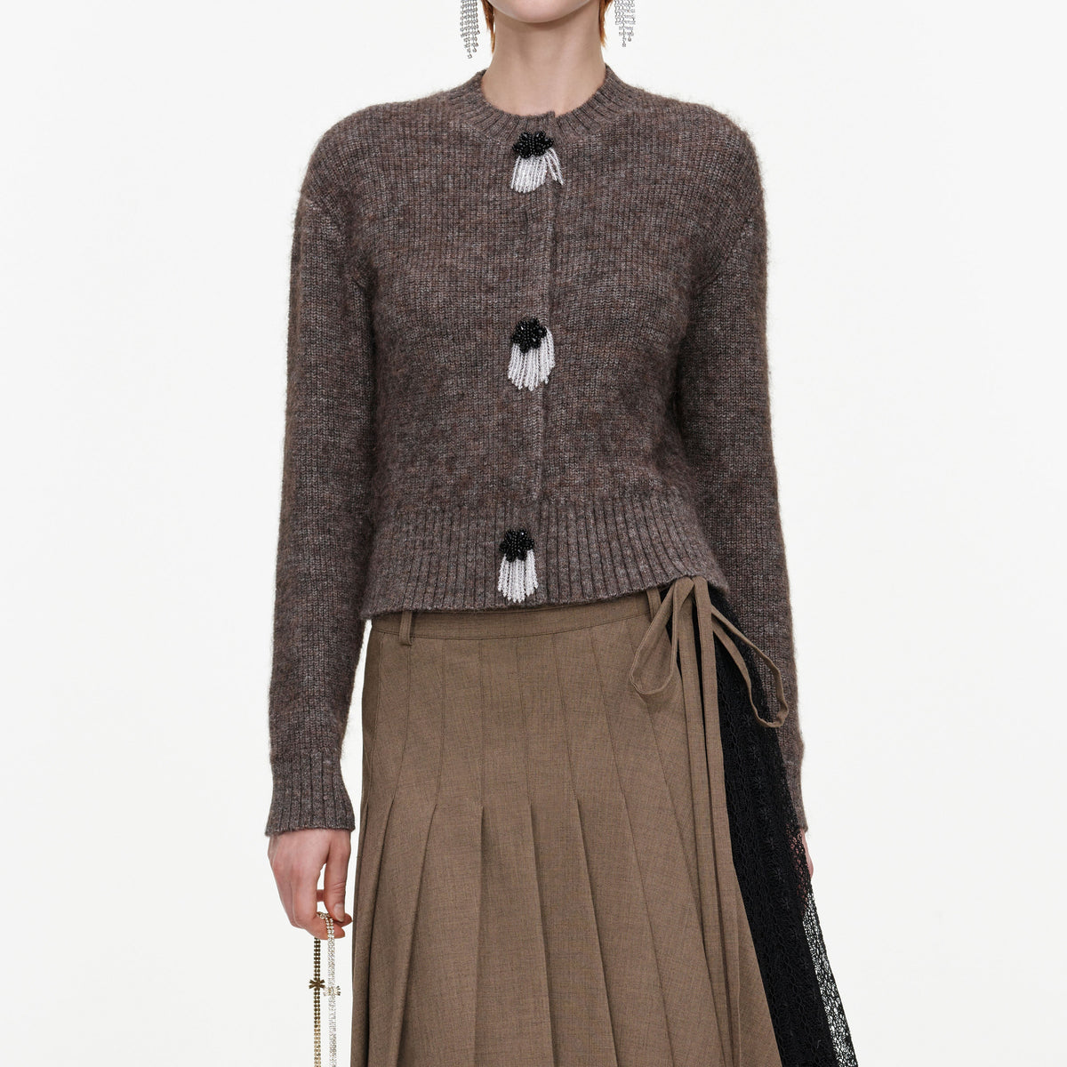 Brown Twill Lace Pleated Midi Skirt