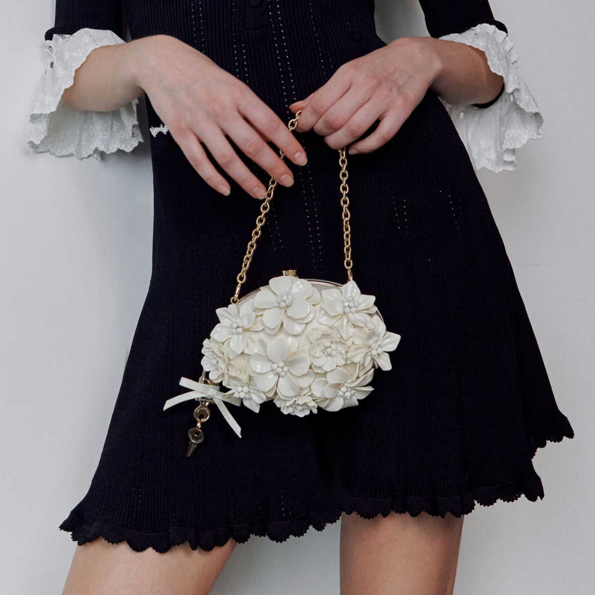 Cream Satin Floral Oval Clutch Bag
