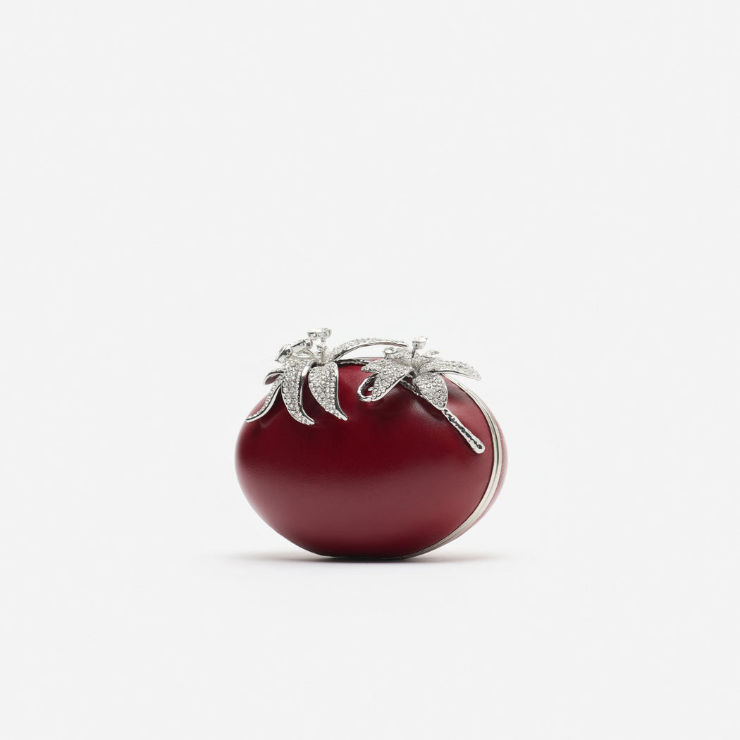 Red Leather Crystal Flower Oval Clutch Bag