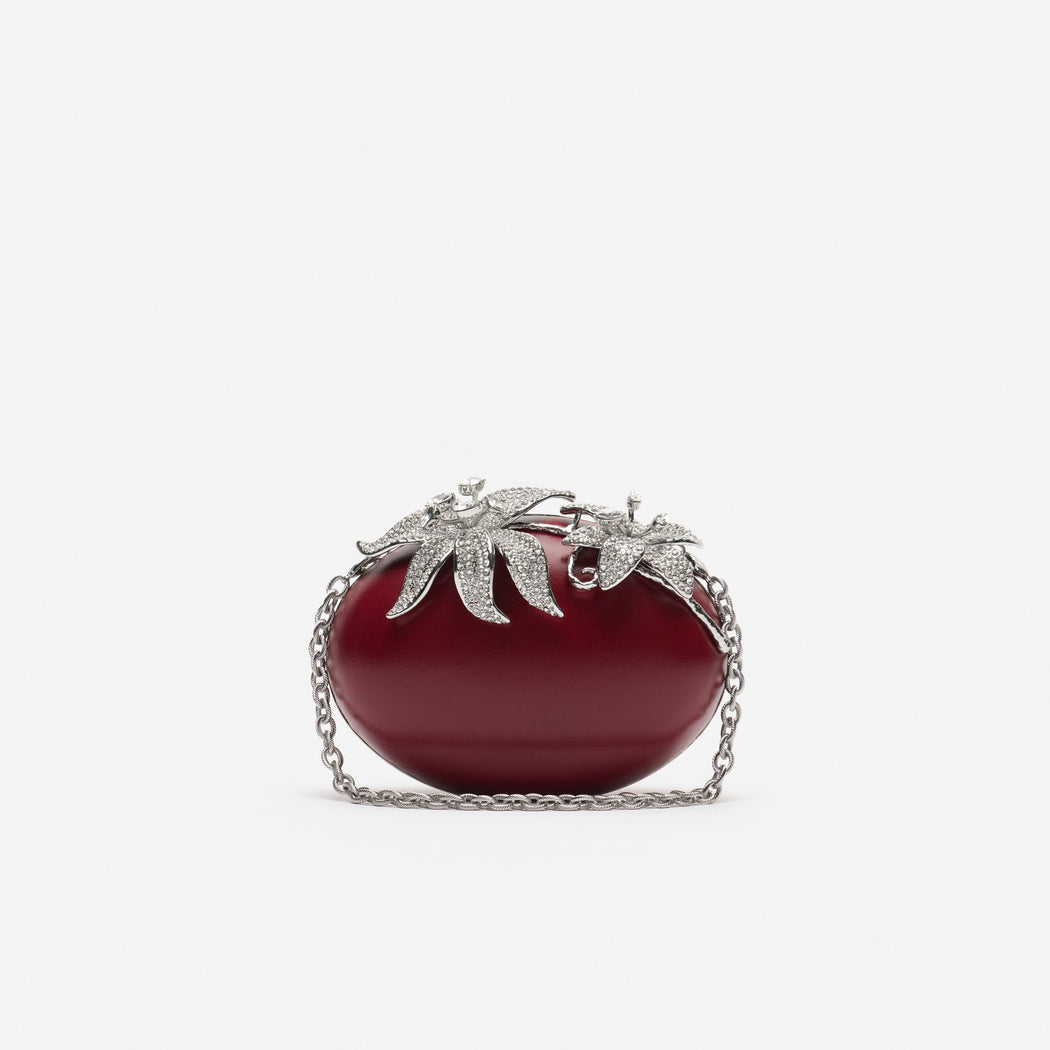Red Leather Crystal Flower Oval Clutch Bag