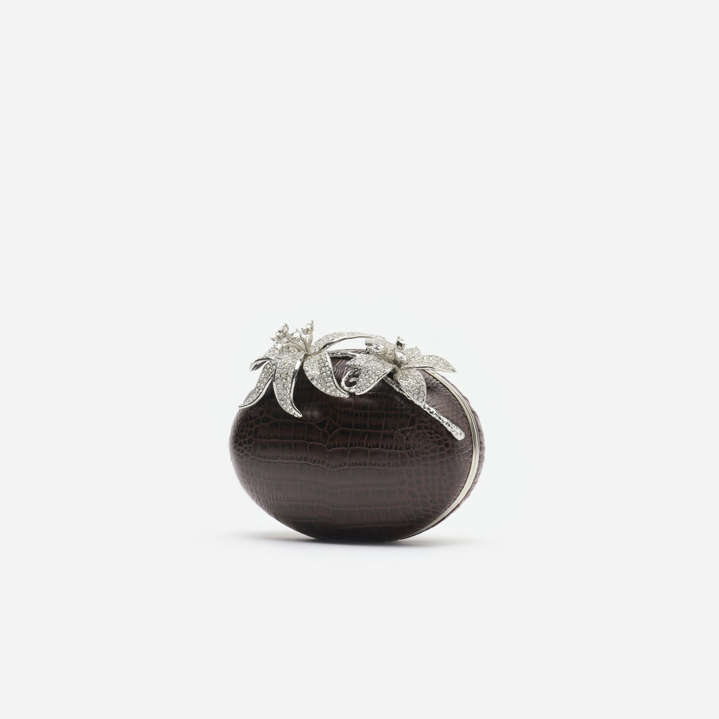 Brown Leather Crystal Flower Oval Clutch Bag