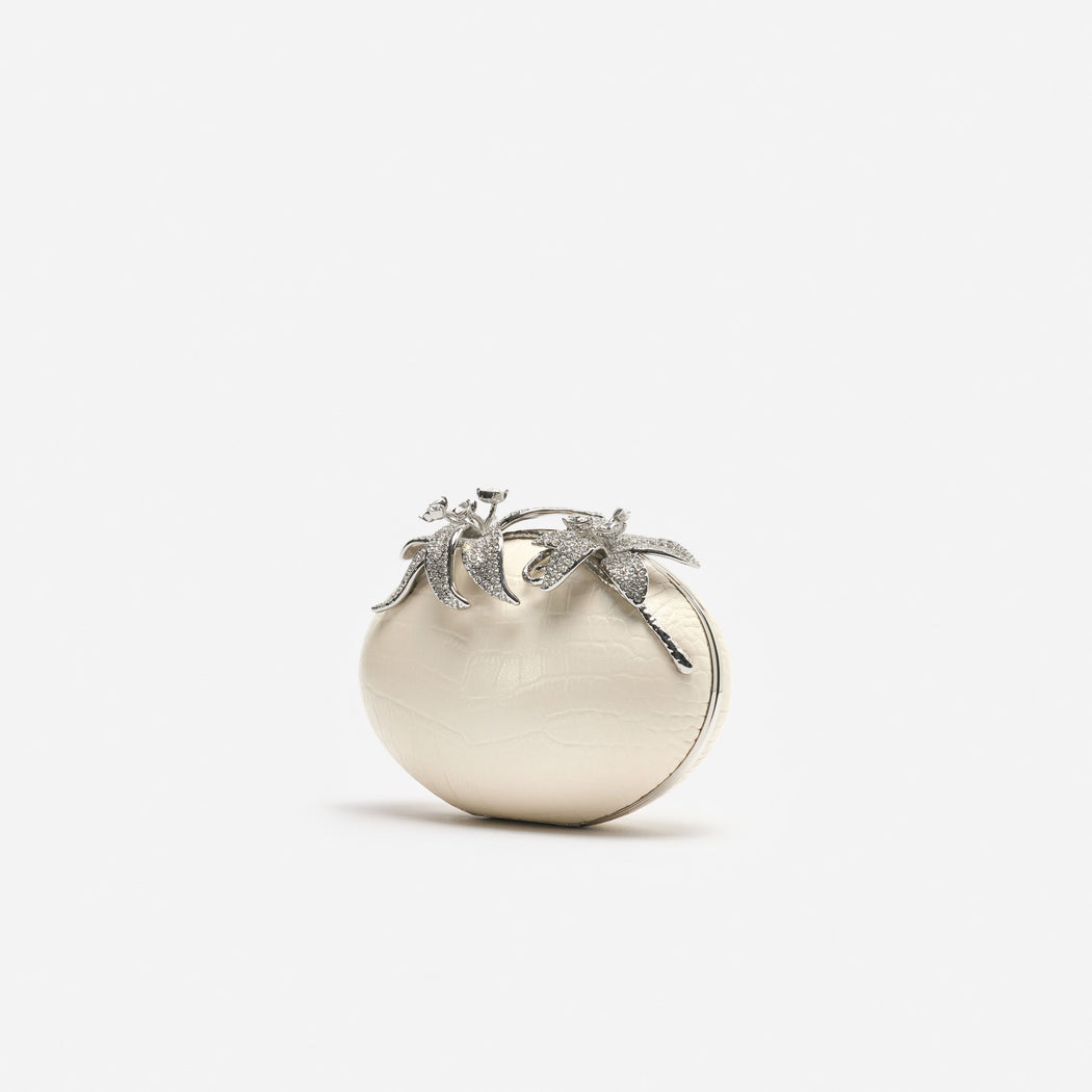 Cream Leather Crystal Flower Oval Clutch Bag