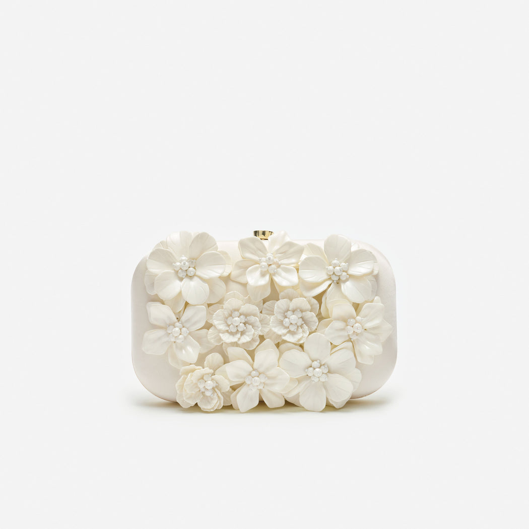 Cream Satin Floral Textured Clutch Bag