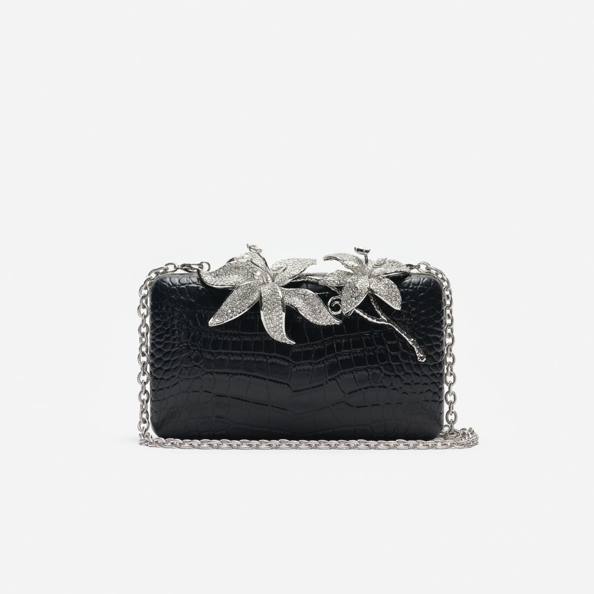 Black Croc Leather Crystal Flower Clutch Bag