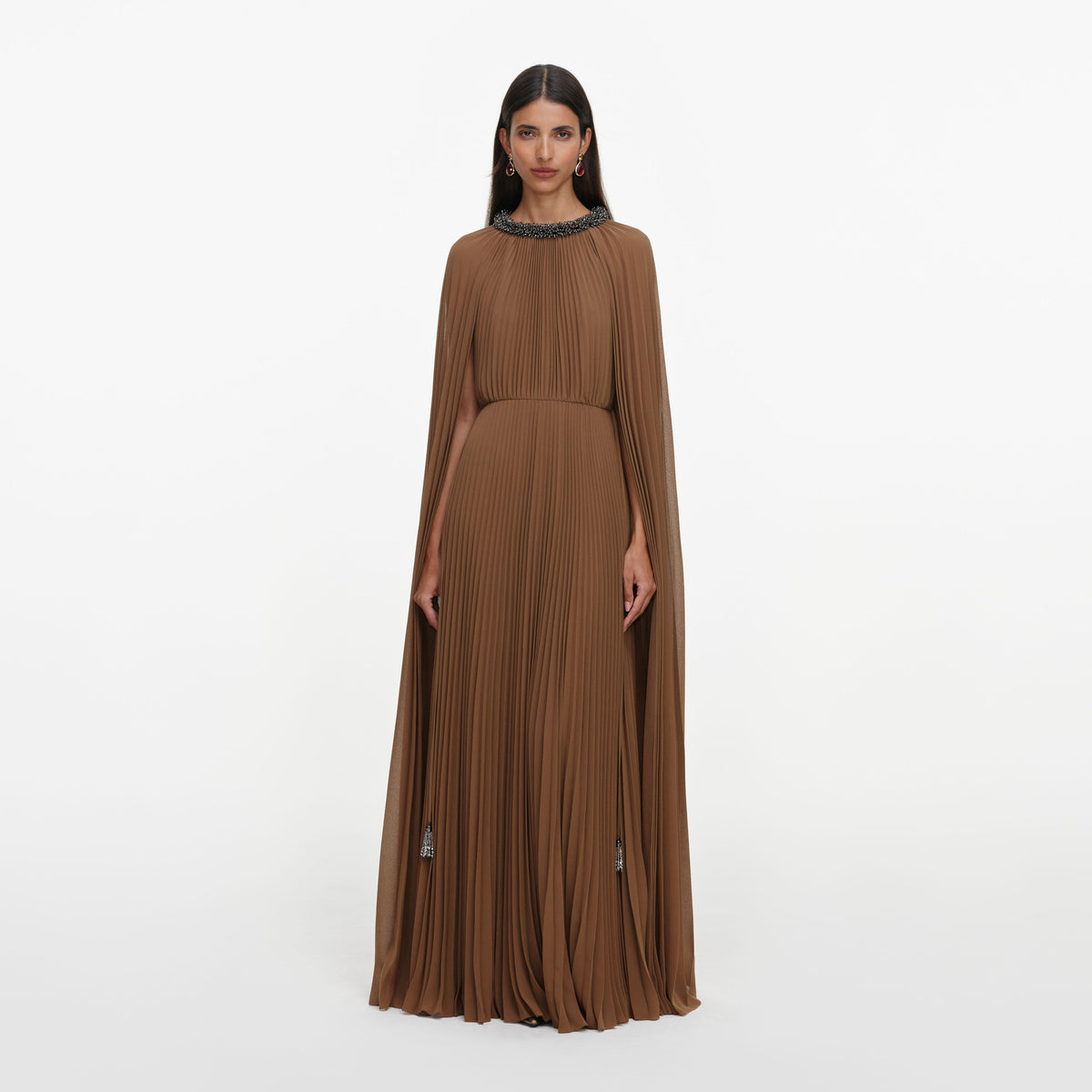 Front view of a woman wearing the Brown Georgette Cape Maxi Dress