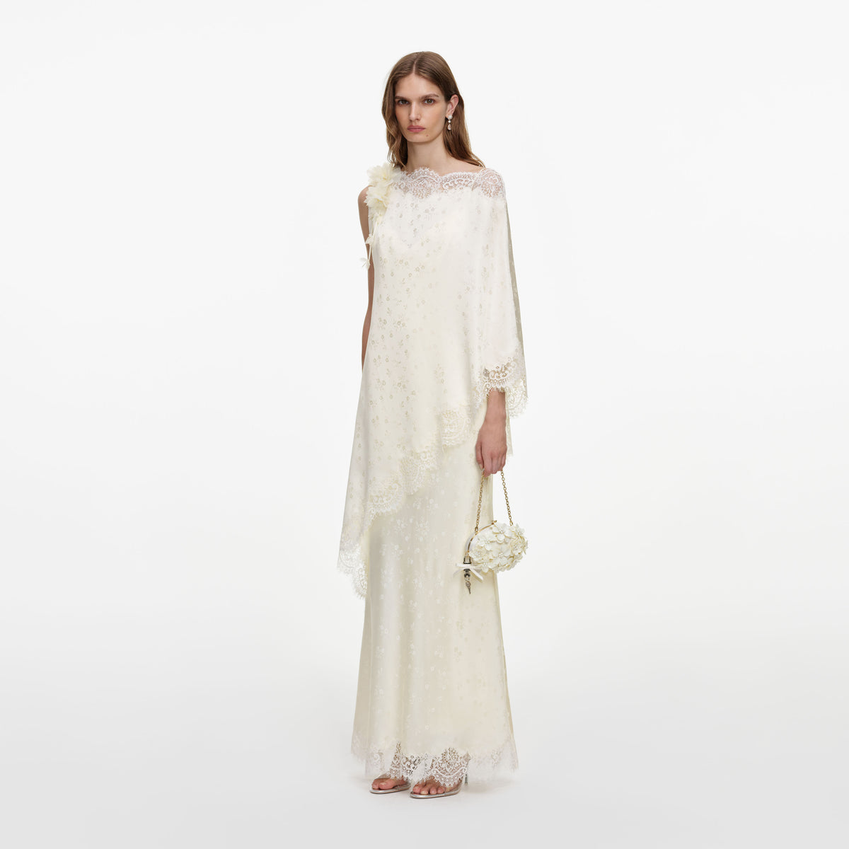 Cream Satin Lace Cape Maxi Dress
