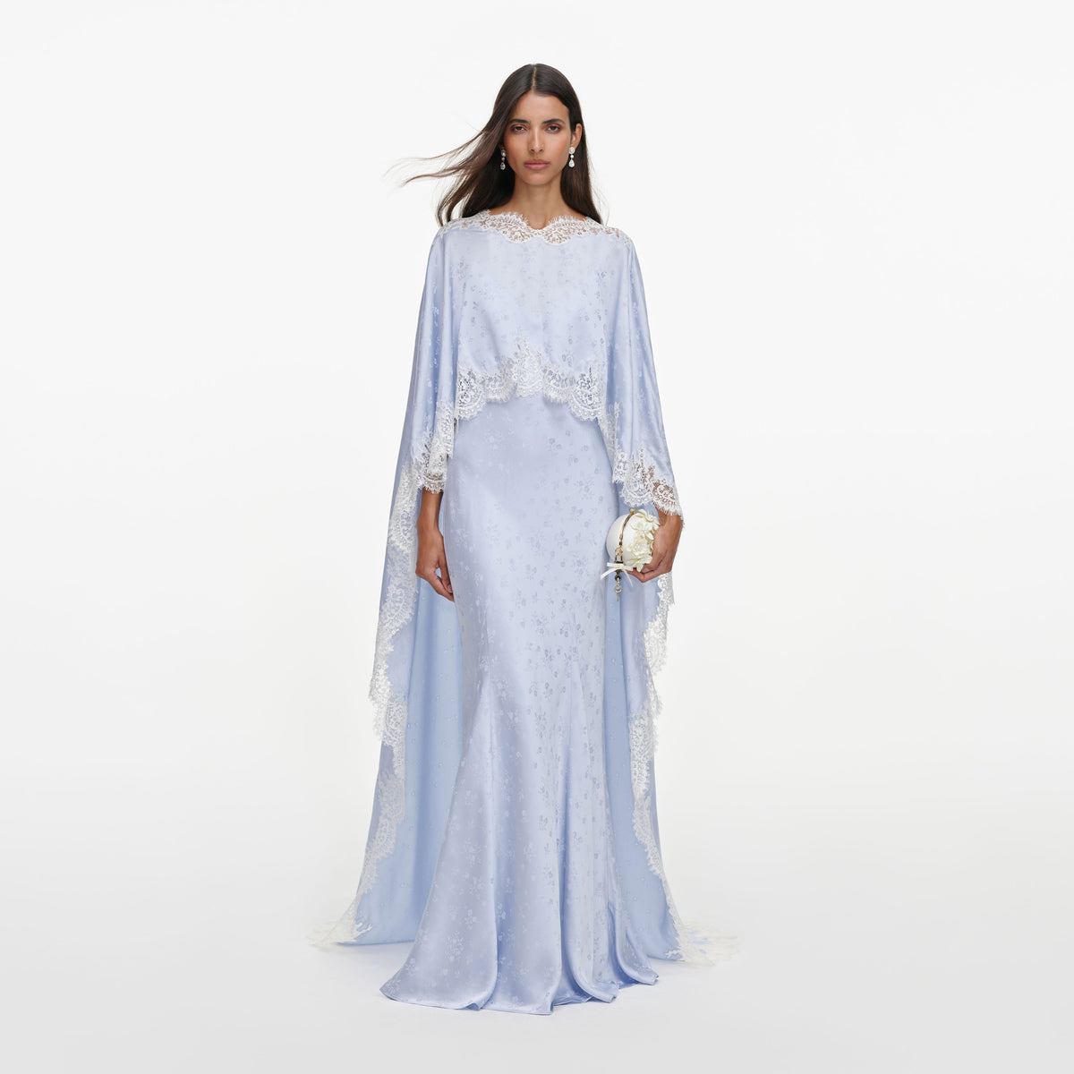 Blue Satin Lace Cape Maxi Dress