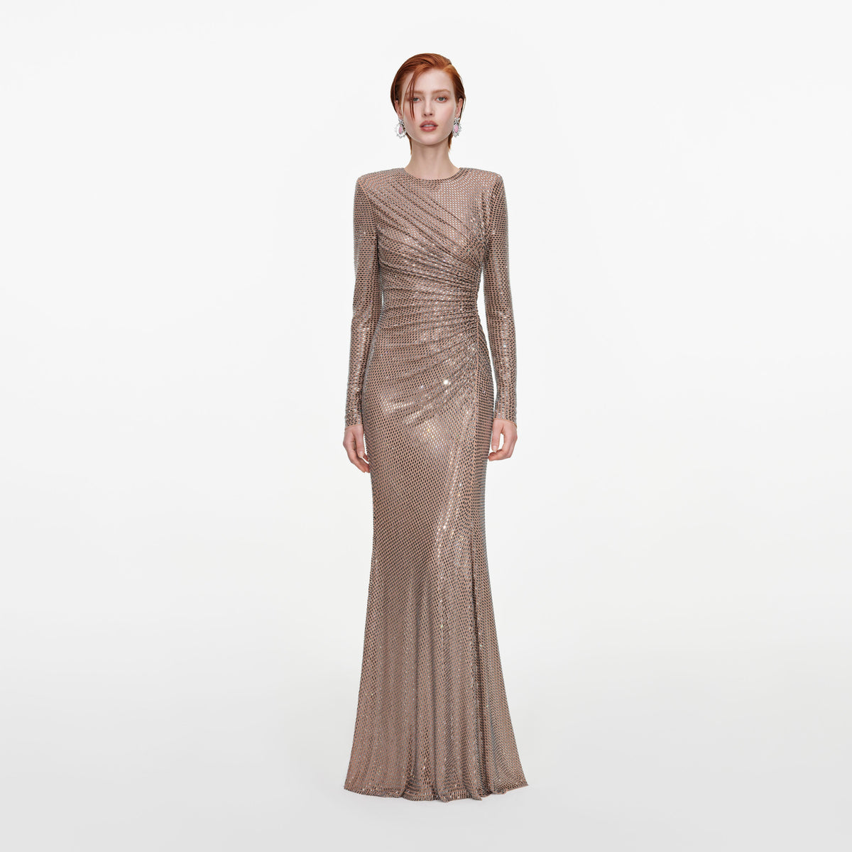 Front view of a woman wearing the Tan Rhinestone Gathered Maxi Dress