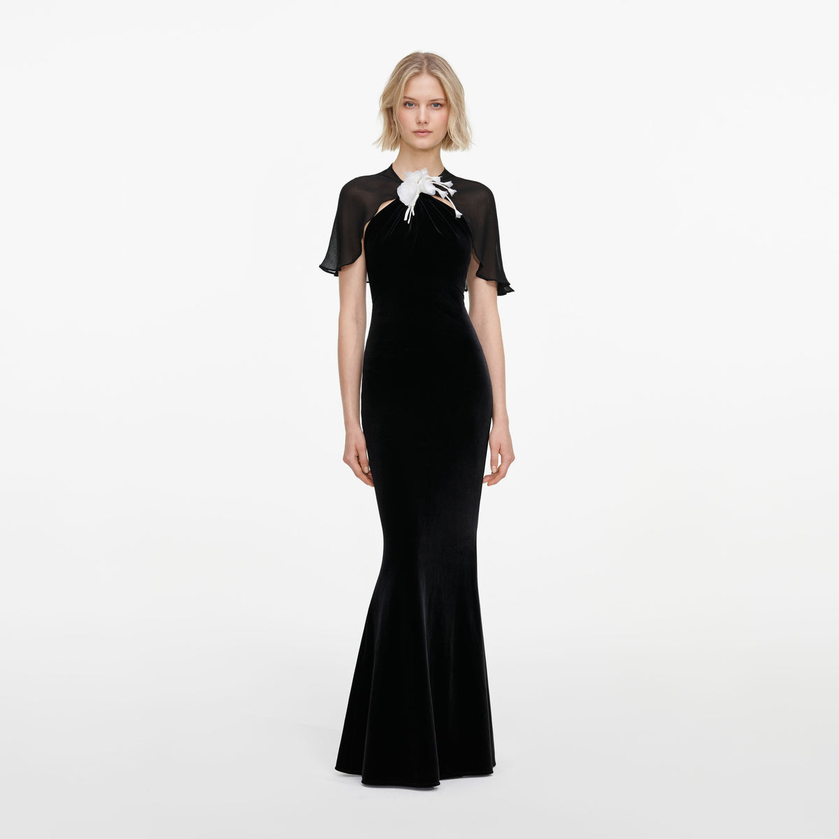 Front view of a woman wearing the Black Velvet Cape Maxi Dress