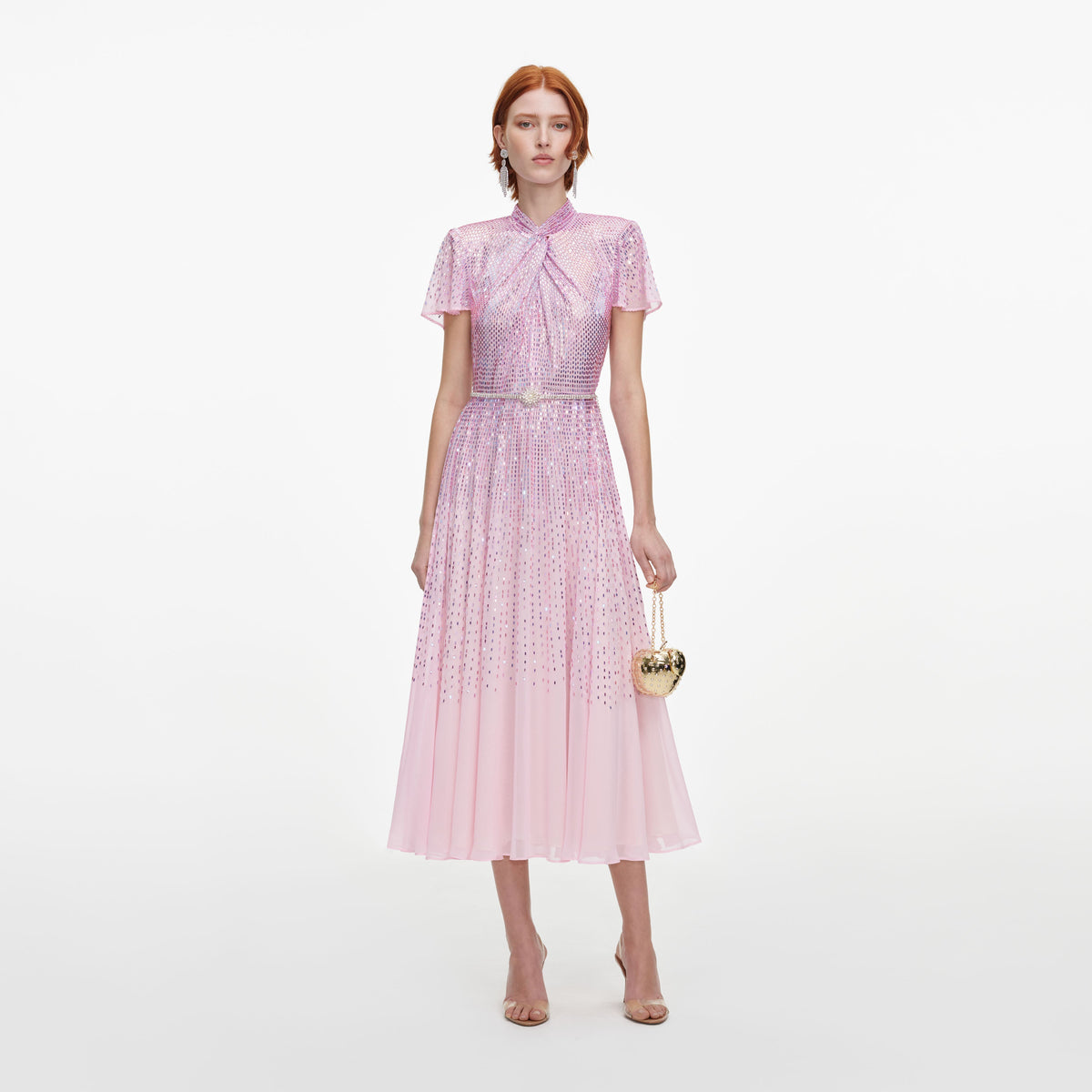Front view of a woman wearing the Pink Ombre Rhinestone Twist Midi Dress
