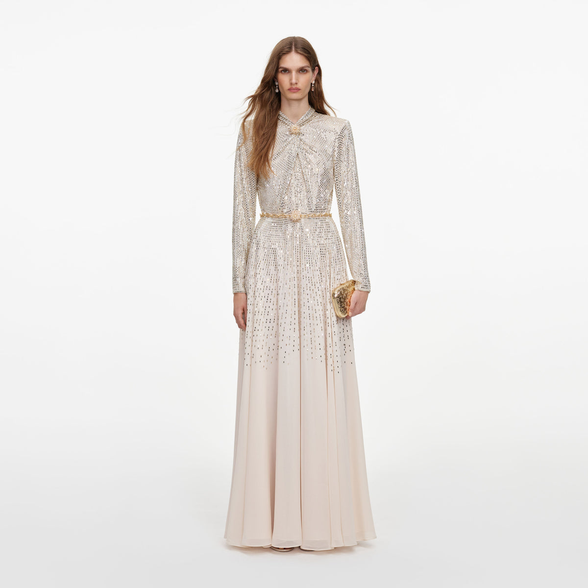 Front view of a woman wearing the Champagne Ombre Rhinestone Maxi Dress