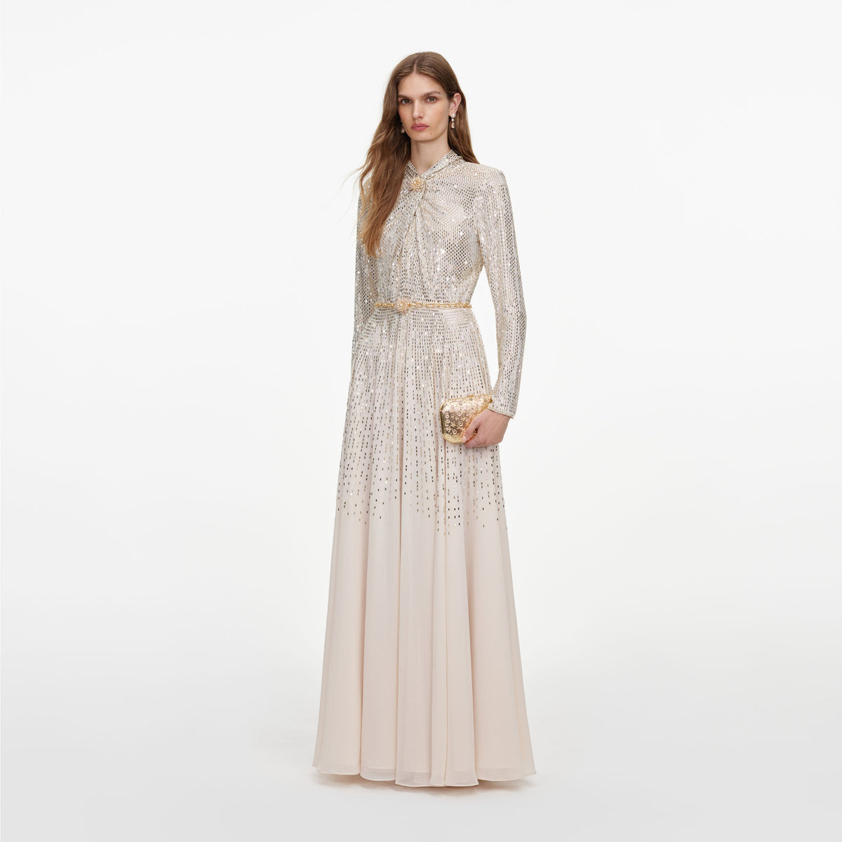 Side view of a woman wearing the Champagne Ombre Rhinestone Maxi Dress