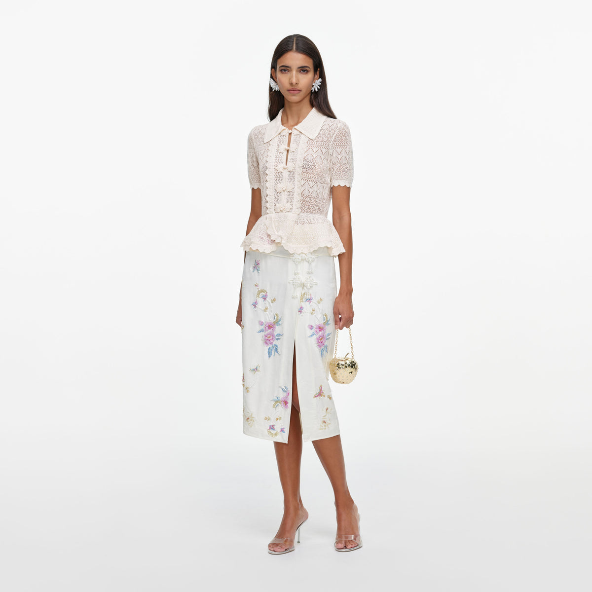 Cream Pointelle Knit Wrap Peplum Top